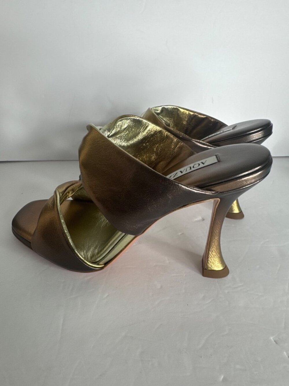 NIB Aquazzura Twist Sandal 95 in Gold Chocolate Flared Heel Size EU 37 - Picture 6 of 10